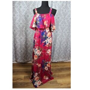Pink Blush Pink Floral Flounce Off Shoulder Maxi‎ Dress Size Small
